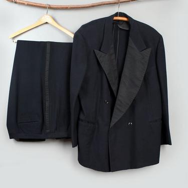 40's Men's Black Tuxedo Suit, Wool Grosgrain, Jacket &amp; Pants, 1940's, Large 50&amp;quot; Chest, Double Breasted Wide Lapels 