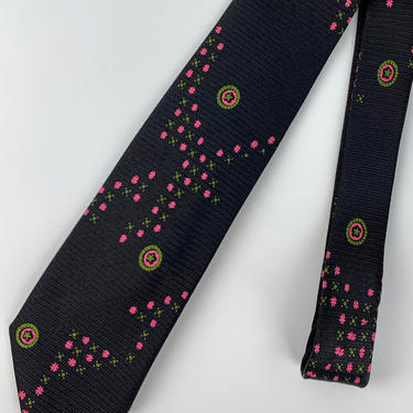 1950'S Black Printed Tie - All Silk - Cool Pink &amp; Green Minimalist Pattern - Beautiful Fabric 