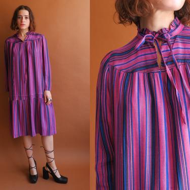 Vintage 70s Striped Drop Waist Dress/ 1980s Purple Blue Long Sleeve Boxy Fit Dress/ Size Medium Large 