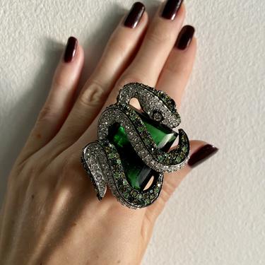 Vintage Kenneth Jay Lane Massive Green Jewel Snake Ring