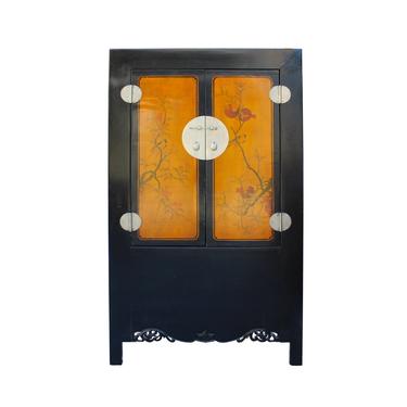 Chinese Black Orange Yellow Graphic Armoire Wardrobe Cabinet cs5775E 