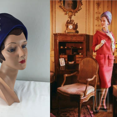 Parisienne Salons - Vintage 1960s Cobalt Blue Silky Rayon Turban Beehive Hat w/Dangling Crystals 