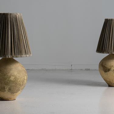 Pair of Terracotta Table Lamps with Wool Stripe Gathered Shades
