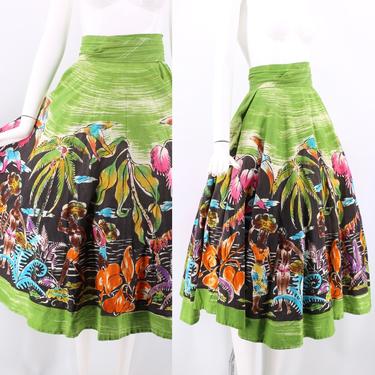 50s MEXICAN painted circle skirt / vintage 1950s hand painted full skirt / vintage wrap skirt tropical floral print M-L 