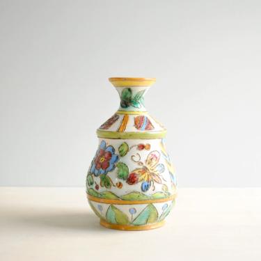 Vintage Italian Hand Painted Majolica Vase, Incised Floral Vase from Italy 