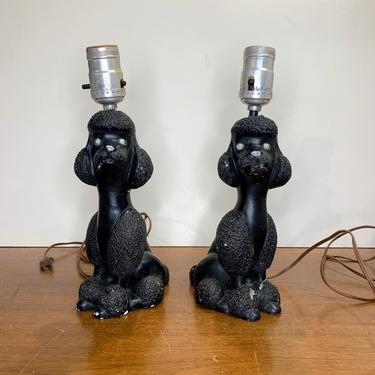 Vintage Mid Century Modern Black Poodle Chalkware Lamps Pair Working 