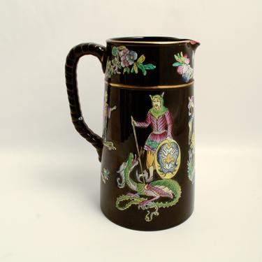 Hand Painted George and the Dragon in the Chinese style 1840s England Black Pitcher Black Jug 