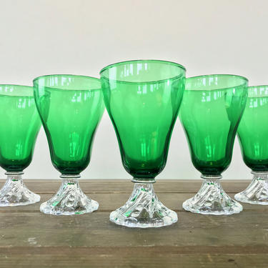 Mid Century Forest Green Footed Water Goblets (Set of 5), Anchor Hocking Burple Pattern, 1950s Art Deco Depression Glass Tumblers 