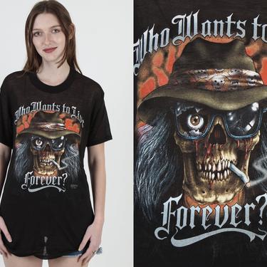 Who Wants To Live Forever / 1989 Just Brass Skeleton T Shirt / 3d Emblem Paper Thin 50 50 Tee L 