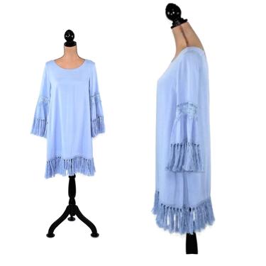 Light Blue Dress Bell Sleeve Boho Dress with Fringe Bohemian Tunic Dress Short Loose Fitting Rayon Midi Hippie Clothes Women Spring Summer 