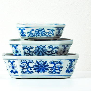 Blue White Chinoiserie Bonsai Planter Set  / Blue and White Chinese Porcelain Cachepots 