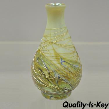Lundberg Studios 1980 Art Glass 6" Small Cabinet Vase Iridescent Swirl Feather