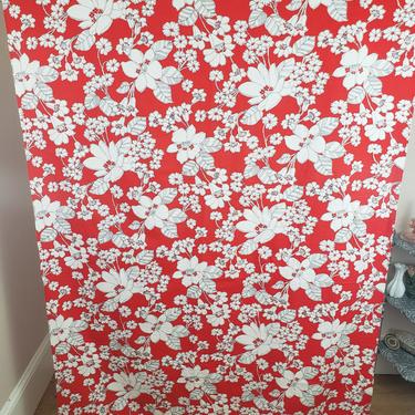 Vintage 1960's Floral Print Fabric / 70s Red and White Floral Fabric 