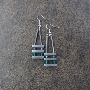 Teal crystal earrings, mid century modern earrings, Brutalist minimalist earrings, simple, unique artisan earrings, brushed silver earring 