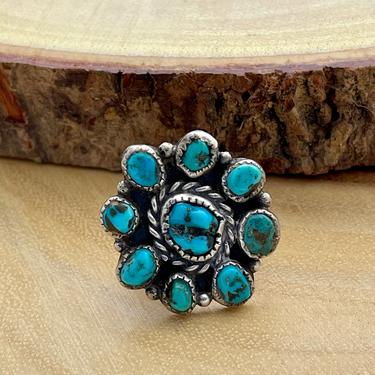 CLUSTER FLOWER ARRANGEMENT Vintage 50s - 70s Turquoise & Silver Ring | Nugget Stones | Navajo Native American Style Jewelry | Size 7 1/4 