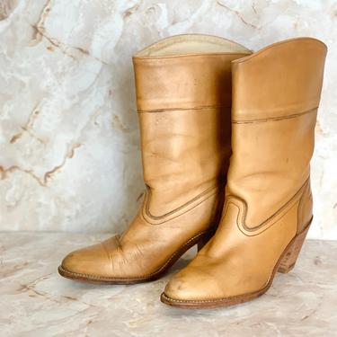 Vintage Leather Boots, Frye, Campus Boots, Cowgirl Chic, Tan Leather, Stacked Heel, Size 8 US 