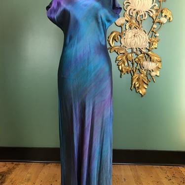 1990s maxi dress, bias cut dress, tie dyed silk, vintage 90s dress, blue and purple, size medium, cap sleeve dress, 36 bust, slinky sexy, 29 