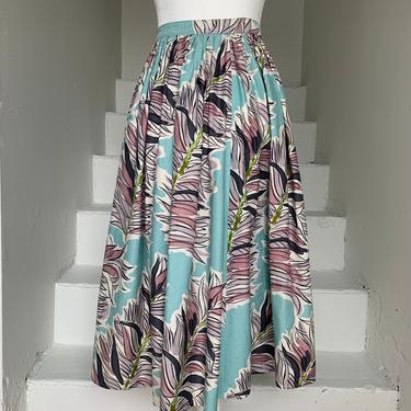 Late 1940s Cotton Print Skirt Bold Graphic Muted Colors 26 Waist Vintage 