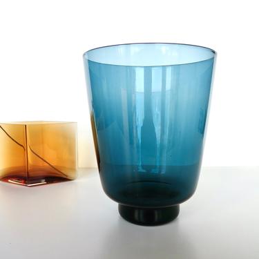 Vintage Scandinavian Large Glass Vase,  Hand Blown Modernist Blue Glass Vase 