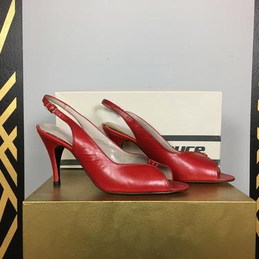 1980s high heel shoes, vintage 80s pumps, red leather, sling back heels, dedstock, original box, Joyce, size 9, peep toe shoes, classic, hot 