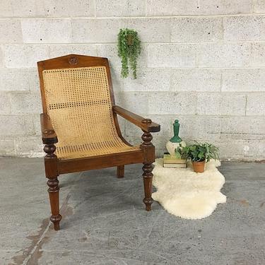 LOCAL PICKUP ONLY Vintage Lounge Chair Retro 1960s Dark Wood Frame with Carved Details + Mesh Cane Seat and Back + Spindle Legs Lounge Chair 