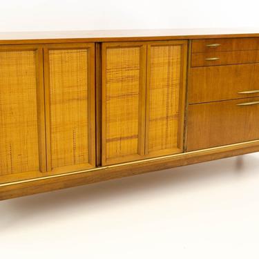 Paul McCobb Style Mid Century Caned, Walnut &amp; Brass Lowboy Dresser from West Michigan Furniture Company 