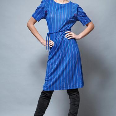 vintage 70s secretary dress origami blue stripes belt ONE SIZE - Small Medium Large 