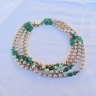 Vintage Pearl and Green Glass Beaded Multi Strand Choker Necklace Gold Closure Chanel Style 1980's 1990's 