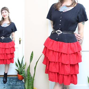 Vintage 80's Black and Red Ruffle Dress / 1980's Valentine Dress / Women's Size Medium by Ru