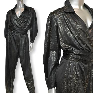 70’s Black and Gold Jumpsuit Womens One Piece Romper Disco Style with Matching Belt Size Medium 