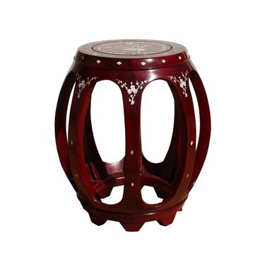 Chinese Red Brown Mahogany Mother of Peal Round Barrel Stool cs5269S