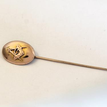 50's rose gold plate Masonic compass stick pin, oval Freemason gold plated metal fraternal organization lapel pin 