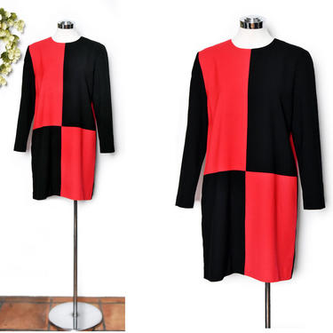 Saks Fifth Ave Dress, Vintage 1980's Shift Dress, Designer Red &amp; Black MOD style, Medium Size 10 Checker Board, Chetta B 