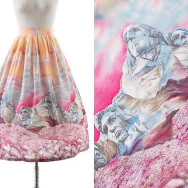 Vintage 1950s Skirt | 50s MILLWORTH "MT RUSHMORE" Novelty Border Print Pink Cotton Full Swing Skirt (medium) 