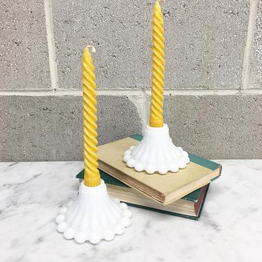 Vintage Candlestick Holders Retro 1960s Mid Century Modern + Milk Glass + Anchor Hocking + Boopie Bubble + Set of 2 Matching + Home Decor 