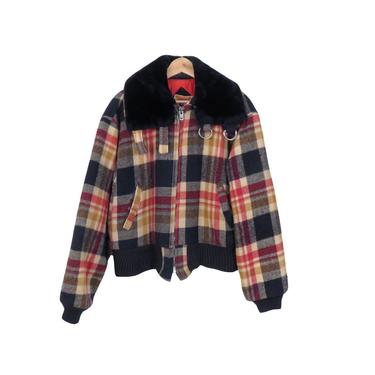 Vintage 70s Plaid Wool Jacket With Faux Fur Collar Size L 