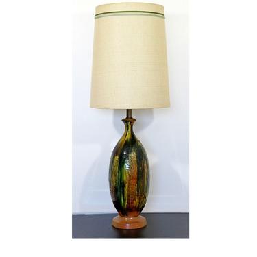 Mid Century Modern Drip Glaze Green Orange Table Lamp 1960s Orig Shade Finial 