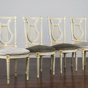 19th Century Set Of 4 French Louis XVI Lyre Back Painted Provincial Dining Chairs 