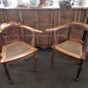 VINTAGE Cane Chairs, Anglo Indian Solid Padauk Wood Carved Lyre Back Cane Seat Arm Chair  (SET OF 2) 