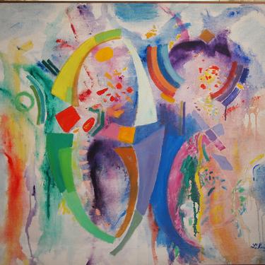 Original Vintage IRVING LEHMAN PAINTING 37x45&amp;quot;, 1973 Large Abstract Canvas Colorful, Mid-Century Modern rainbow pastel kandinsky eames era 