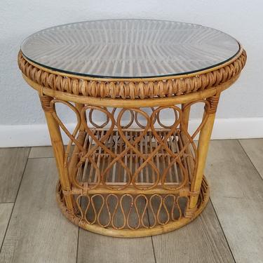 Vintage Franco Albini Style Rattan Side Table With Glass Top . 