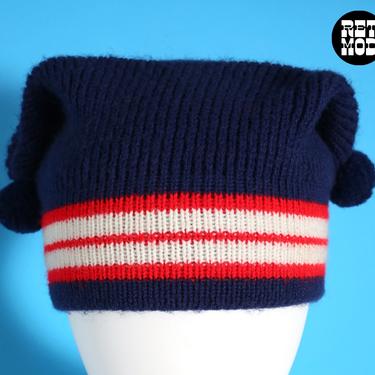 Quirky Vintage 70s Navy Red White Stripe Teabag Jester Style Winter Hat with Pompoms 