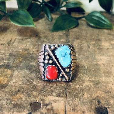 Vintage Ring, Silver Ring, Turquoise Jewelry, Coral Ring, Vintage Jewelry, Unique Ring, Large Ring, Red and Blue, Statement Ring, 925 Ring 