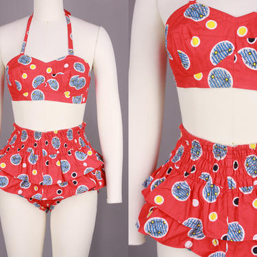 1950s Bikini with Ruffled Skirt | Vintage 50s Two Piece Cotton Swimsuit with Dots | xs/small 