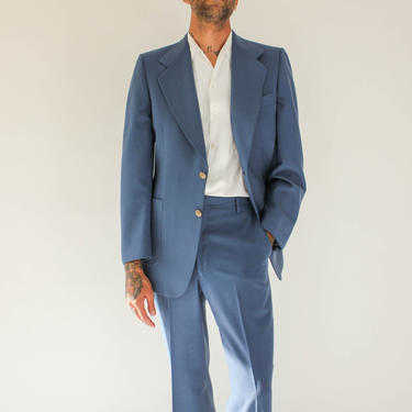 Vintage 70s LANVIN PARIS French Cerulean Blue Suit w/ Logo Buttons | Hand Tailored in USA | Wide Lapel, Flare Leg, Mod | 1970s Designer Suit 