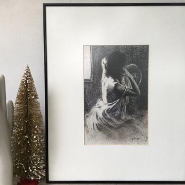 80's Nude Woman Drawing Print, Woman Sketch Hair Up, Sexy, Bedroom, Dark Haired Woman In Negligee, Looking In Mirror, Original Art Print 