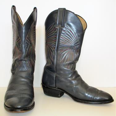 Cowboy Boots | Vintage Caborca, size 9 1/2 Men, Gray Leather Boots, Mid Calf, multicolor Indian head stitching 