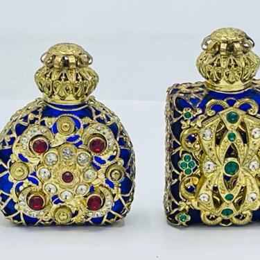 Vintage Pair of Blue Glass Bohemia Small Czech Republic Jeweled Filigree Perfume Bottle 