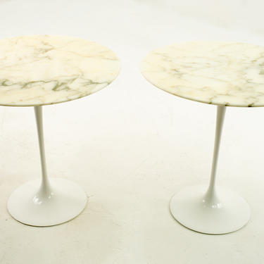 Knoll Mid Century Round Marble Top Side End Tables with Tulip Base - Pair - mcm 