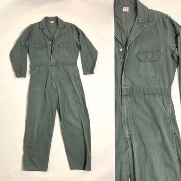Vintage 1950s Coveralls 50s Workwear Herringbone Olive Green Mechanic Overalls 